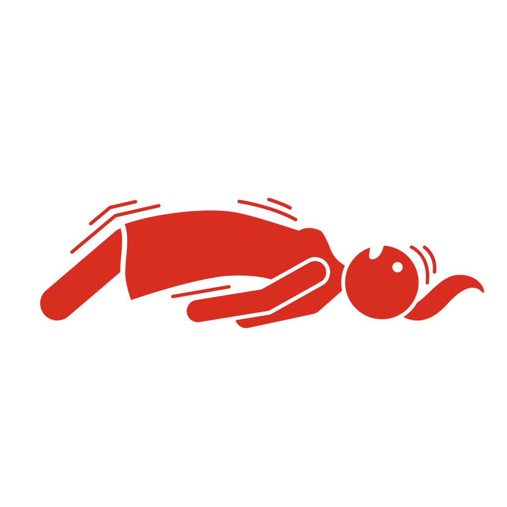 Personne allongée sur le dos avec vibrations, stylisée en rouge.