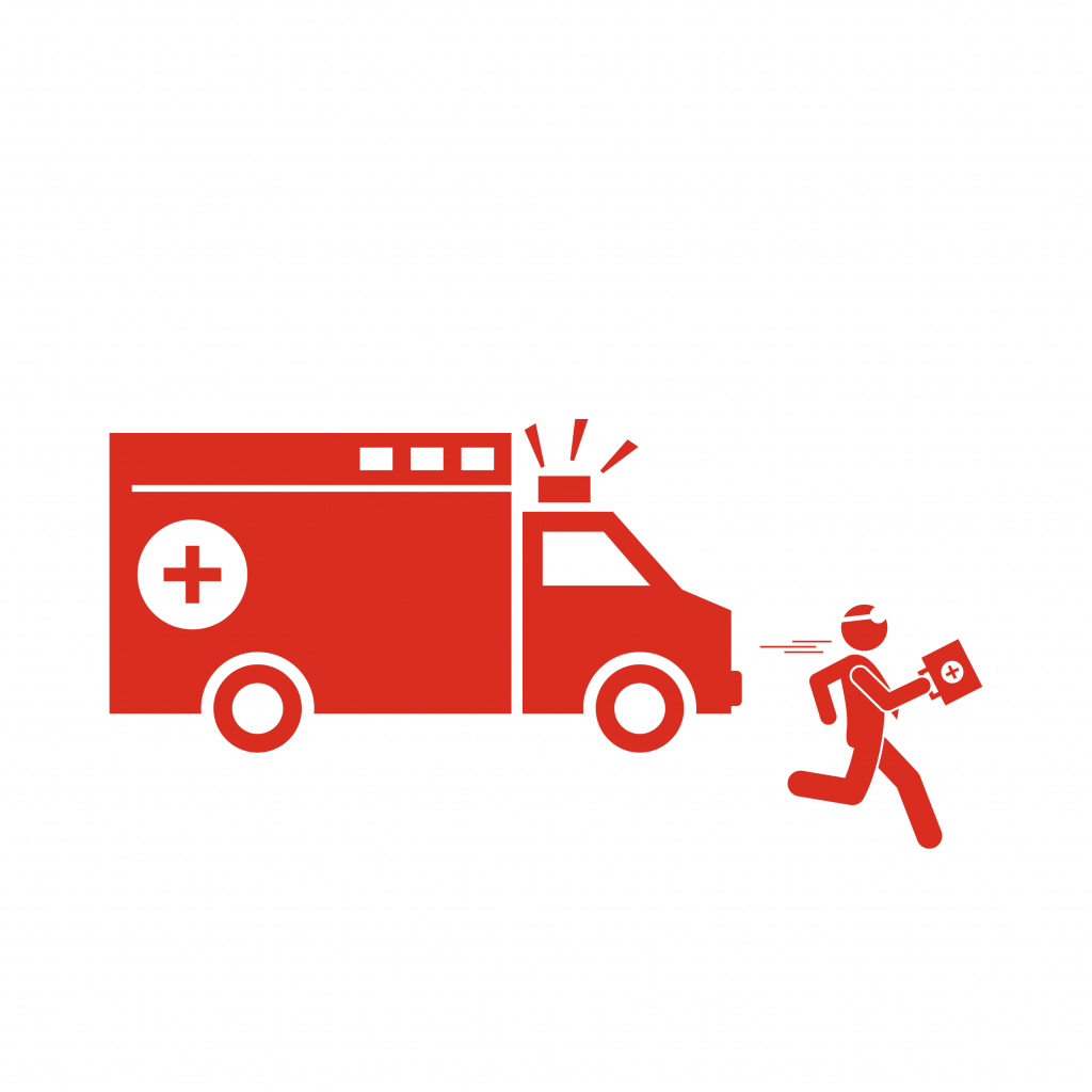 Icône rouge d'une ambulance avec un médecin courant, portant une trousse de secours.