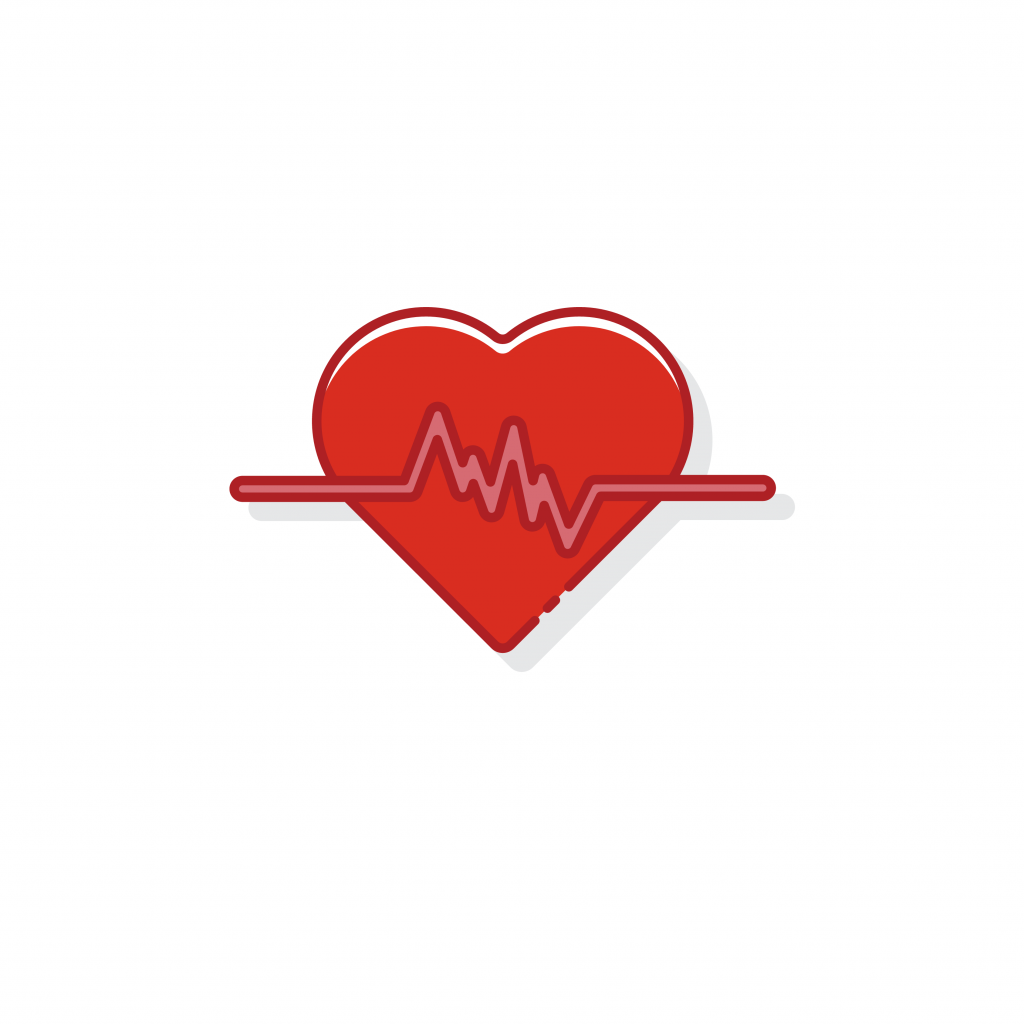 Icône de cœur rouge avec un tracé de fréquence cardiaque.