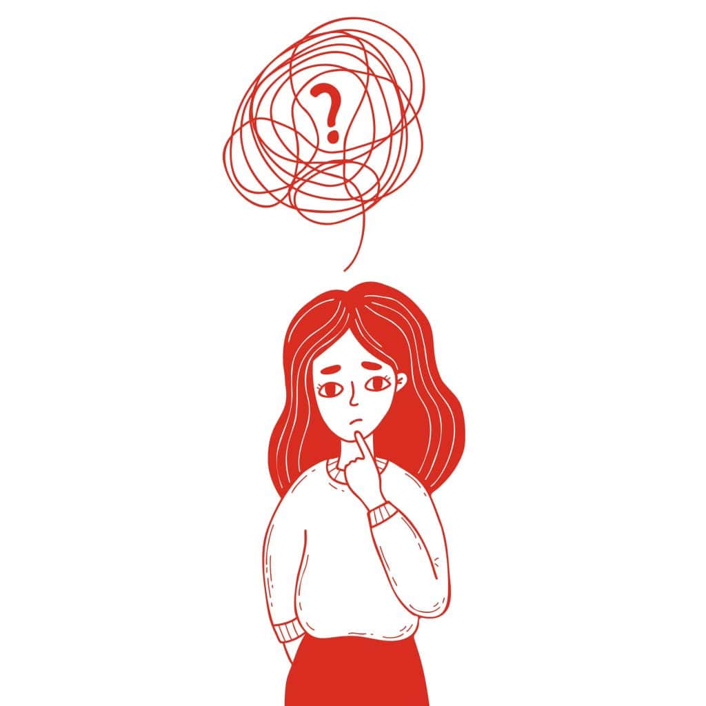 Femme pensive avec un point d'interrogation dans une bulle de pensée.