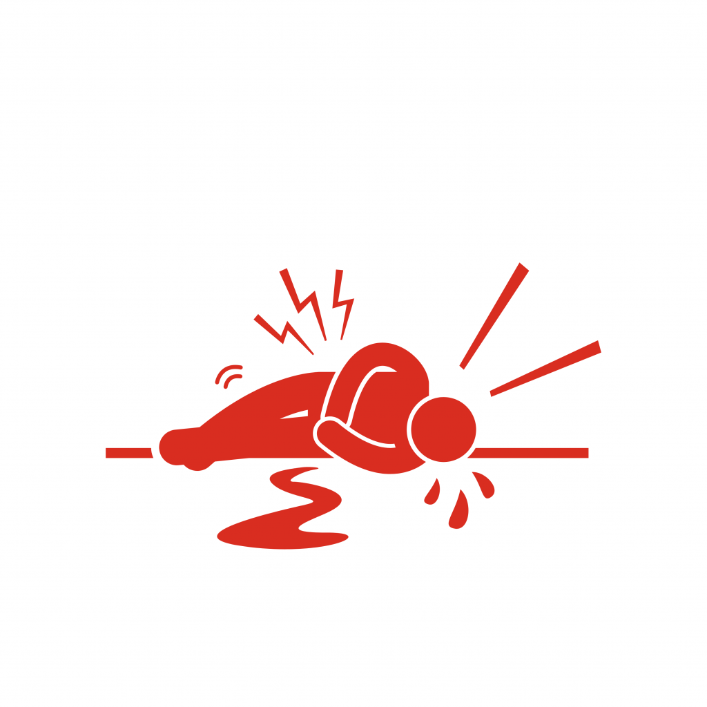 Icône rouge d'une personne allongée, symbolisant la douleur ou une blessure.