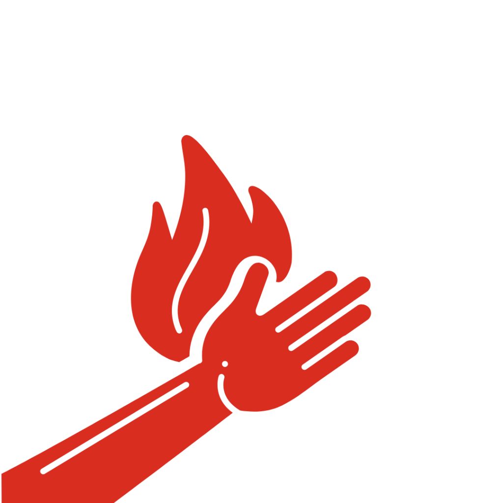 Illustration rouge d'une main et flamme, symbolisant le danger de brûlure.
