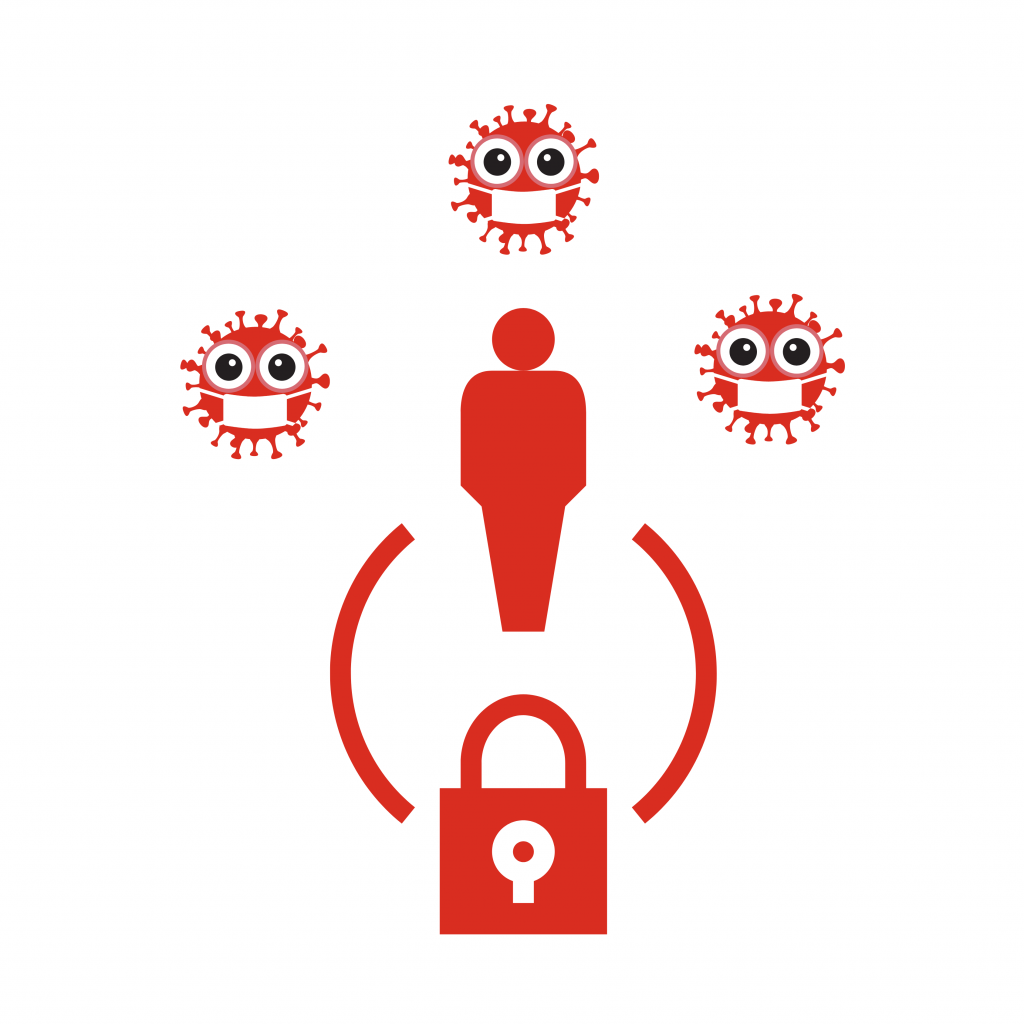 Personne protégée par un cadenas contre des virus stylisés.