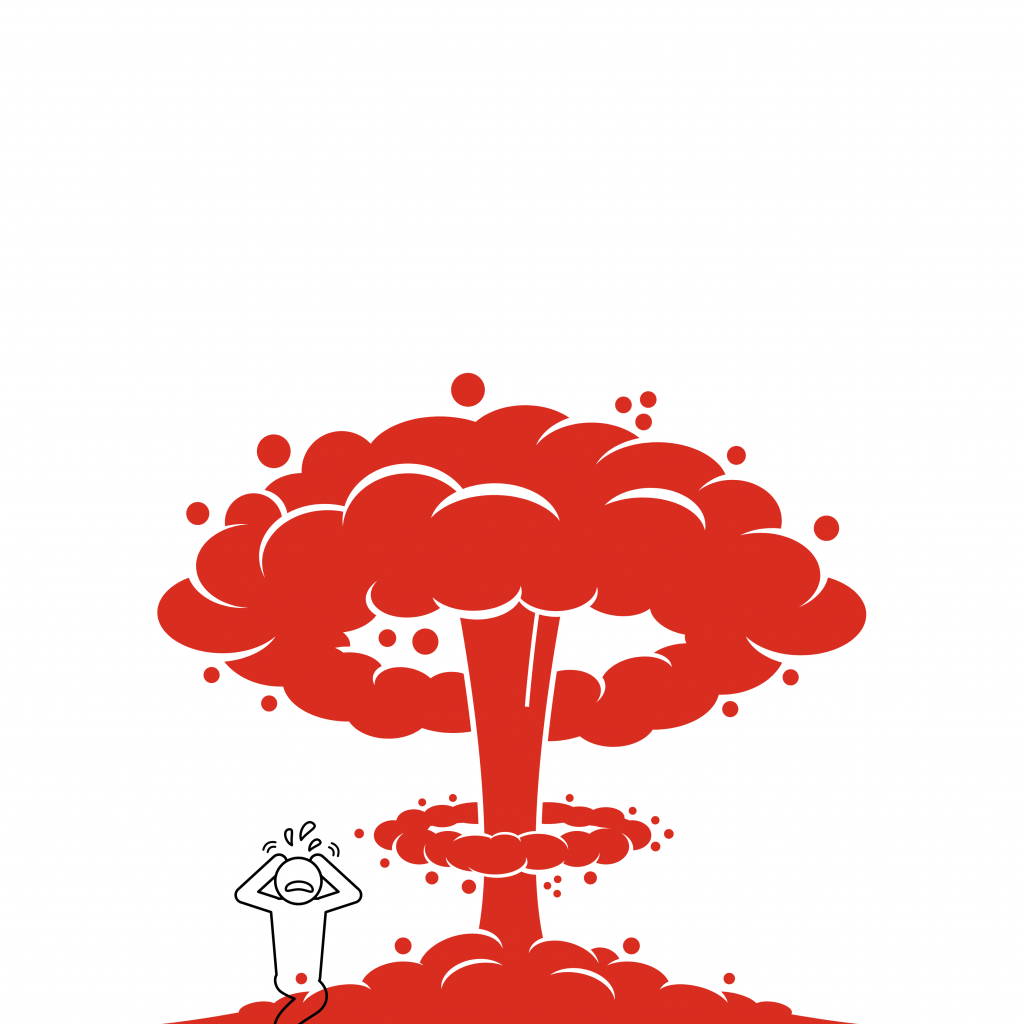 Dessin d'une explosion en champignon rouge avec une personne paniquée.