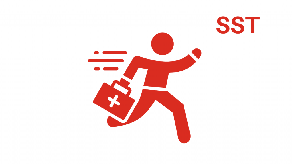 Silhouette rouge courant avec mallette de secours et lettres "SST".