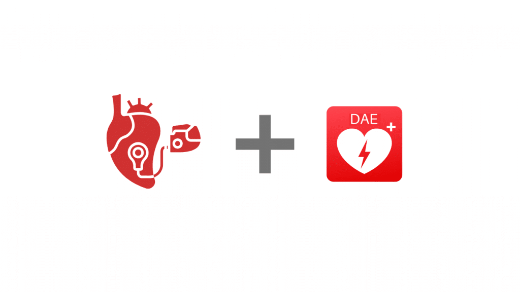Illustration d'un cœur avec pacemaker et symbole de défibrillateur.