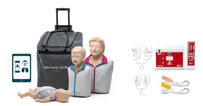 Kit de mannequins de RCP avec défibrillateur et accessoires.
